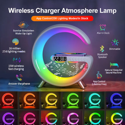 G Shaped LED Lamp, Clock, Bluetooth Speaker, Wireless Charger, App Controlled