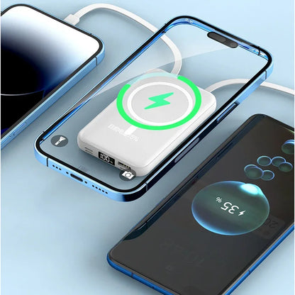 Portable Wireless Magnetic Power Bank - USB C - Lightening Cable - USB A